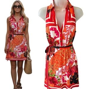 Cache Sleeveless Mini Dress Tie Waist Bold Print Resort Rich Euro Summer M 🌿